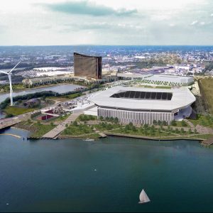 MOVING FORWARD: Pictured, an architect’s rendering of the proposed 25,000-seat stadium including a publicly accessible waterfront park on the former Mystic Generating Station site. (Note: Rendering for illustrative purposes only, and does not reflect the final design of the stadium. Photo courtesy of Revolution Soccer.)