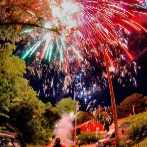 LIGHTING UP THE SKY: Freelance photographer Charlie “Zap” Zapolski captured neighborhood fireworks display in Saugus on the Fourth of July. The awesome fireworks display that the neighbors put on was great. I used the Pentax 10-17mm fisheye lens to get it all in, he said. (Courtesy photo of Charlie Zapolski)