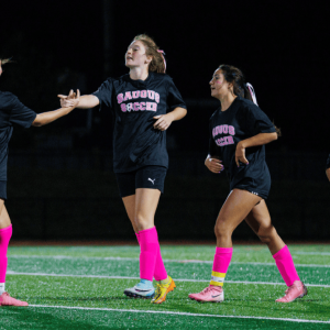 Pictured from left to right: Shalyn Sewell, Shawn Sewell, Madison Botta and Taylor Deleidi celebrated a goal during a recent match.