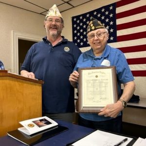 CONGRATULATIONS: Phil “Stix” Imperato was presented with the American Legion membership Award for being a member of Revere American Legion Post 61 for 60 years. Presenting the award is Revere Post 61 Commander James Sinatra.  (Courtesy of Ira Novoselsky)