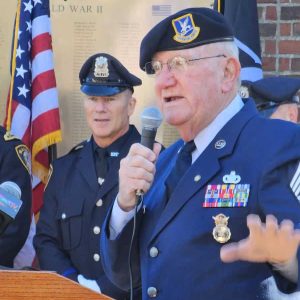 MAKING A POINT: Saugus Veterans Council Executive Officer CCM Robert O’Toole (USAF Ret.) told the story of Medal of Honor recipient William J. Crawford at last Saturday’s Veterans Day ceremonies. (Saugus Advocate photo by Mark E. Vogler)