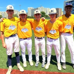 MALDEN HIGH METRO PLAYERS: Pictured from left to right: Malden High School players on the Bay State Summer Games METRO Baseball Team were rising freshman Ryan Bowdridge, sophomore Bo Stead and juniors Ryan Coggswell, Jake Simpson and Ezechiel “Zeke” Noelsaint.
