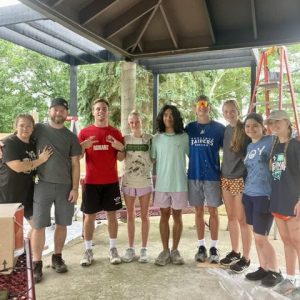 MISSIONARIES AT WORK: Kids from Next Step Ministries partnering with Auburn, Indiana’s Dayspring Community Church helped to rebuild Saugus Heritage Gazebo. Left to right: Lindsy Bledsoe, Tyler Bledsoe, Brady Culler, Chloe Buss, Thai Rotz, John Buss, Laken Mosier, Mercedes Bledsoe and Karly Kaufmann. Not in the photo: Alexis Shipe. (Courtesy Photo to The Saugus Advocate by Joanie Allbee)