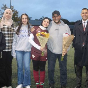 Malden resident Inssaf Machouk was accompanied by her parents, Khadijah and Lies, Supt. Alexander Dan, and siblings, Shaymaa and Sireen during the recent Girls’ Varsity Soccer Senior Night at Mystic Valley Regional Charter School.