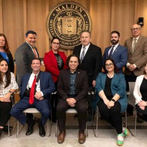 The Malden City Council kicked off a new year for 2025 on Tuesday evening. The City Council members, pictured from left to right: Back row: Peg Crowe (Ward 1), Craig Spadafora (at-large), Karen Colón Hayes (at-large), Paul Condon (Ward 2), Council President Ryan O’Malley (Ward 4), Stephen Winslow (Ward 6); front row: Jadeane Sica (Ward 8), Chris Simonelli (Ward 7), Carey McDonald (at-large), Ari Taylor (Ward 5) and Amanda Linehan (Ward 3). (Courtesy/City of Malden)