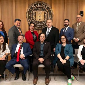 MALDEN CITY COUNCIL: The members of the Malden City Council’s Finance Committee will review the FY2026 Municipal Budget Proposal of $236.1 million submitted by Mayor Gary Christenson. The City Council includes, from left to right: Front row: Jadeane Sica (Ward 8), Chris Simonelli (Ward 7), Carey McDonald (at-large), Ari Taylor (Ward 5) and Amanda Linehan (Ward 3); back row: Peg Crowe (Ward 1), Craig Spadafora (at-large), Karen Colón Hayes (at-large), Paul Condon (Ward 2), City Council President Ryan O’Malley (Ward 4) and Stephen Winslow (Ward 6). (Courtesy/City of Malden)