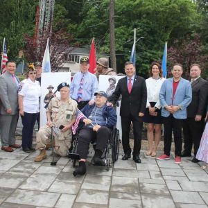 Shown from left to right: Ward 2 School Committee Member Rob McCarthy, Councillors-at-Large Karen Colón-Hayes and Craig Spadafora, Malden Disabled American Veterans Service Officer/former State Commander Deb Olson, Malden American Legion former Commander Barry Donovan, in back, retired National Guard member Thomas Chapman, Veterans Service Officer Kevin Jarvis, Guest of Honor William Dempsey, Mayor Gary Christenson, Ward 5 School Committee Member Elizabeth Hortie, Councillor-at-Large Carey McDonald, Ward 7 School Committee Member Keith Bernard, City Council President/Ward 6 Councillor Stephen Winslow, Ward 5 Councillor Ari Taylor, Phoebe Taylor and State Senator Jason Lewis.