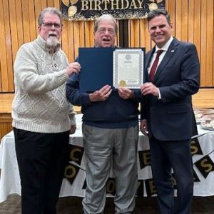 Pictured from left to right: Ward 1 School Committee Member Mike Drummey, Lenny Iovino and Mayor Gary Christenson (Courtesy of City of Malden)