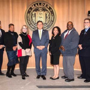 The Malden School Committee unanimously approved a $90.9 million budget for the Malden Public Schools for FY24. The School Committee, pictured from left to right: Robert McCarthy Jr. (Ward 2), Adam Weldai (Ward 5), Dawn Macklin (Ward 4), Sharon Rose-Zeiberg (Ward 8), Chairperson and Mayor Gary Christenson, Vice Chairperson Jennifer Spadafora (Ward 3), Joseph Gray (Ward 6), Michael Drummey (Ward 1) and Keith Bernard (Ward 7). (Courtesy/City of Malden)