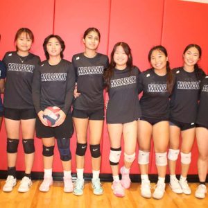 Malden High School seniors, shown from left to right: Ashly Rodrigues, Wing Guan, Alina Dao, Ramneet Chahal, Keira Lin, Shuyi Chen, Chloe Chen and Taylor Lee during Tuesday’s game against Saugus High School. (Advocate photo by Tara Vocino)
