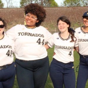 Malden High School Softball Seniors in their final home game, pictured from left to right: Averi Bell, Zi Jefferson, Ashlyn Cullity and Kimora Ha-Trinh. (Courtesy/MHS Blue and Gold/Victoria Domiciano Photo)