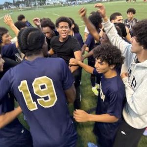 Malden Boys Soccer celebrated after Tuesday’s 2-1 win over Somerville, completing a season sweep. (Courtesy/Malden Athletics)