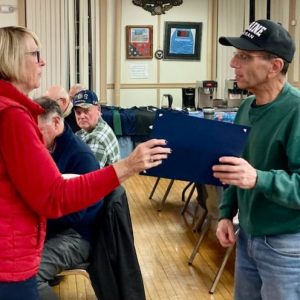Marine Veteran and Commander John Macauda (right) of American Legion Post 210 receives his Certificate of Appreciation from local DAR Regent Gail Cassarino. (Courtesy photo of Joanie Allbee)