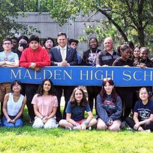 PERSONAL VISIT: Mayor Gary Christenson and DPW Director Bob Knox visited the Malden High School ninth-graders orientation program – called Malden Adventures and Academics Program – on Wednesday. Above they are shown with the 36 students in the program, which is run by the Malden Public Schools Department of Guidance. (Advocate Photos)