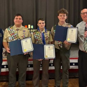 Pictured from left to right: Mayor Gary Christenson, Eagle Scouts Scott Gage, Steven Lawrence and James Gage and Ward 6 Councillor Steve Winslow.