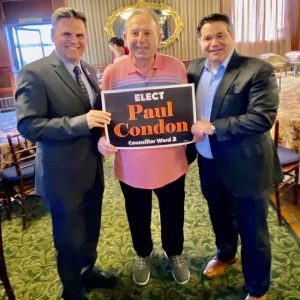 WELCOME: Ward 2 Councillor Paul Condon is shown welcoming Mayor Gary Christenson and Councillor-at-Large Craig Spadafora to his recent reelection fundraiser last week. For photo highlights: Facebook.com/advocate.news.ma