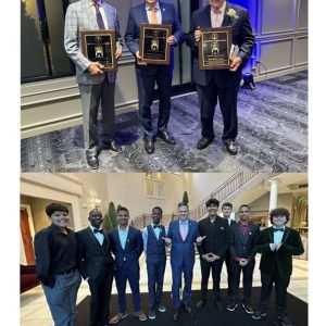 Pictured from left to right: Top photo: former Mayor Richard Howard, Mayor Gary Christenson and former Mayor Ed Lucey; bottom photo: Mayor Gary Christenson (center) with Cheverus students who assisted at the event.