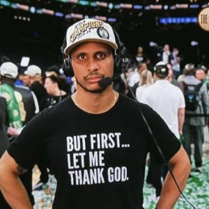 While doing his postgame media obligations Monday night following the victory over Dallas that clinched the organization’s 18th championship, Boston Celtics second-year head coach Joe Mazzulla proudly proclaims his love for God on his shirt, a sentiment that he has also passed along to his team. (Courtesy photo/X)