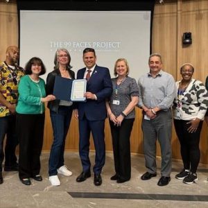 From left to right: Assistant Superintendent for Student Services/Special Education Pam MacDonald, Disability Commission Secretary/Clerk Ralph Long, Disability Commission Chair Marilyn Andrews, 99 Faces Project creator Lynda Cutrell, Mayor Gary Christenson, City of Malden ADA Compliance Officer Maria Luise, HR Director Anthony Chiccuarelli, DEI Coordinator Kashawna Harling and INTERFACE Referral Service Co-Director Heather Byrns. (Courtesy of the City of Malden)