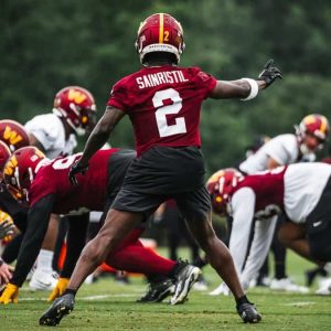 Mike Sainristil, former Everett High School Super Bowl champion and University of Michigan national champion, is competing in a recent rookies practice at the Washington Commanders practice facility. The Commanders took Sainristil in the second round of this year’s NFL Draft, 50th overall selection. (Courtesy photo / Washington Commanders website)