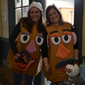 Mrs. and Mr. Potato Head – also known as Stephanie Hardy (on the left) and Meredith Casagrande (on the right) – greeted Saugus children in the main hallway of Saugus Town Hall on Halloween. (Photo courtesy of Laura Eisener)