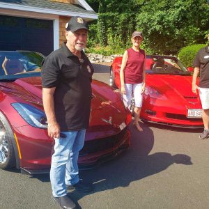 North Shore Corvettes of Mass. Inc. members, pictured from left to right: Al Marotta with his 2019 Corvette, and Linda and Frank Puccia and their 2011 Corvette. (Saugus Advocate photo by Mark E. Vogler)