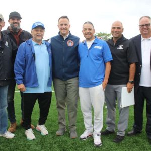 Shown from left to right: Ward 2 Councillor Ira Novoselsky, Councillor-at-Large Robert Haas, Revere Youth Soccer Founding Director Jorge Dubon, Mayor Patrick Keefe, Head Coach Pedro Medina, Parks and Recreation Department Director Michael Hinojosa and School Committee Secretary John Kingston.