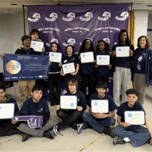WHITTIER SCHOOL — Front row (L-R): Davi Emmanuel Souza, Andrew Narvaez Portillo, Senad Krzalic, Miguel Soria, and William Quijada Torres. Back row (L-R): Caileb Baskin-Dyre, Arthur Dos Santos, Andrea Rivas Moreno, Alice D. Oliveria, Myrmara Pierre, Arsema Mehari, Elijah Germain, and teacher Lisa Yendriga-Norberg. Not Pictured: Jeremy Valdivieso Arias.