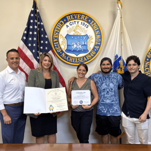 Pictured from left to right: Mayor Patrick Keefe, State Representative Jessica Giannino, nominee of the 2025 Commonwealth Heroine Award Charlotte Osgood and sons Jonathan Osgood and Christopher Osgood. (Photo courtesy State Rep. Giannino’s Office)
