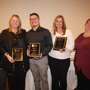 Attorney Kathryn Fallon Manupelli and 2023 Outstanding Leadership Award recipients – Tricia DiDomenico of the DiDomenico Foundation, Juan Lopez of Eagle Bank and Patti Fratti of Everett Bank – and Portal To Hope Founder Debbie Fallon.