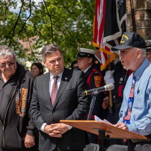 Mayor Gary Christenson looked on as Malden’s Veterans Director Kevin Jarvis addressed the attendees at Bell Rock Memorial Park on Memorial Day.