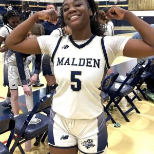 Malden High junior Manicha Exilhomme scored a career-high 30 points and pulled down 17 rebounds in Malden’s Opening Night win over Everett. (Courtesy/Malden High Athletics Photo)