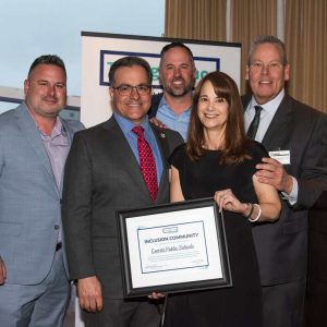 Pictured from left to right: Everett Public Schools Director of Facilities Robert Moreschi, Mayor Robert J. Van Campen; Triangle Chief Program Officer Drew Warren, Triangle CEO Rachel Kaprielian and Superintendent of Schools William D. Hart attended Triangle’s annual awards ceremony and fundraiser, “Celebrate.” Triangle presented this year’s Inclusion Community Award to the Everett Public Schools and the City of Everett. (Courtesy photo)