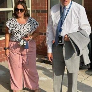 BEEBE GREETERS: Malden first-year Superintendent of Schools Timothy Sippel, Ed.L.D. (right) and Malden Education Association (MEA) President Deb Gesualdo (left) were both on hand to join Principal Kariann Murphy, Ed.D. and staff in greeting students on the first day of school at the Beebe K-8 School. (Advocate Photos)