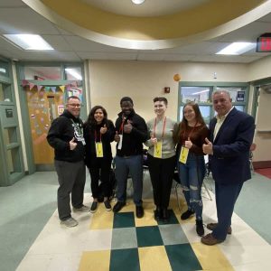 Pictured are Keverian School Guidance Counselor Eric Piazza, The NAN Project staffers Bilingual Peer Coordinator Karla Flores, Peer Mentor Arthur, Asst. Director Lizzie MacLellan and Peer Mentor Emily and State Representative Joe McGonagle.