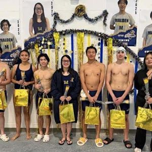 The senior members honored on Senior Night included, from left, James Zhou, Sarahy Escobar Ayala, James Lin, captains Hailey Tran and Gordon Zeng, Dante Federico and manager Lanyu Liang. Not shown: senior Marie Cheng. (Courtesy Photo/Malden Athletics)