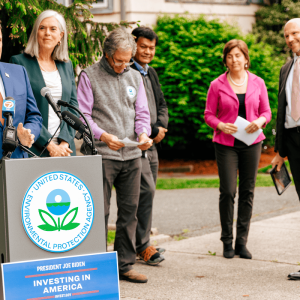 Mayor Gary Christenson is shown addressing the media as officials look on – Democratic Whip Katherine Clark (Massachusetts Fifth District), EPA Regional Administrator David W. Cash, City of Malden Engineer Yem Lip, Massachusetts Energy and Environmental Affairs Secretary Rebecca Tepper, Mass. Director of Federal Funds and Infrastructure Quintin Palfrey and U.S. Senator Ed Markey’s Regional Director, Liam Horsman. (Courtesy photo)