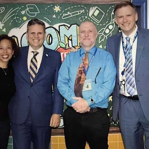 Ferryway School greetings: School Committee Vice Chairperson Jennifer Spadafora, Chairperson/Mayor Gary Christenson, Ferryway Principal Matthew Stahl and Supt. Dr. Timothy Sippel. (Courtesy/MPS Photos)