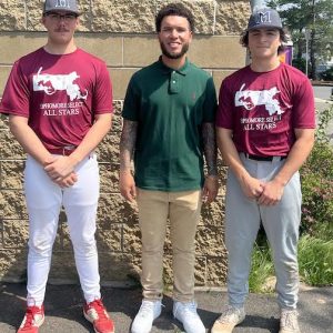 MBCA ALL-STARS EVERETT’S FRENI and SOPER: From left: Derek Soper, Everett Head Coach Malik Love and outfielder Tyler Freni participated in the 2025 Massachusetts Baseball Coaches Association (MBCA) Sophomore Select All-Star Game. Coach Love was on hand to watch as a spectator. (Advocate Photos)