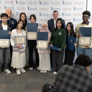 Gerard Tanetta, Raphael Orcino, Chris Mastrangelo, Angela Phu, name unknown, Miaoyi Hu, Hadjar Yousfi, Vince Rivers, name unknown, Tsering Shakya, Jelani Tah, Mayor Gary Christenson (Courtesy of The ILC)