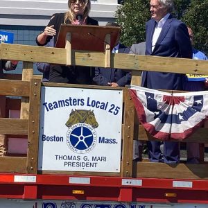 State Representative Jessica Giannino addresses the attendees as Sen. Ed Markey looks on. (Courtesy photo)