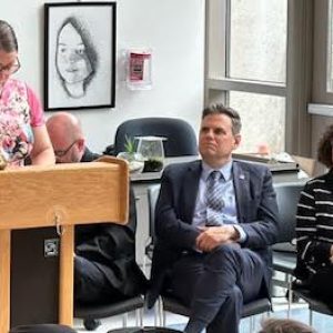 Social worker Marie Motley, Mayor Gary Christenson and School Committee Vice Chair Jen Spadafora