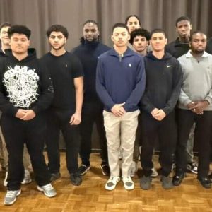 Senior Football Players, Coaches, Mayor Gary Christenson (far right), Supt. Dr. Timothy Sippel (far left), Malden High School Principal Chris Mastrangelo (second from left) and Athletic Director Charlie Conefrey (second from right) at the Senior Football Luncheon (Advocate Photo)
