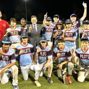 PILOTS ARE NUMBER ONE! The Pilots won the 2023 Malden Babe Ruth League City Series Playoff Championship on Wednesday night and were greeted by Malden Mayor Gary Christenson. Shown above after the game, from left to right: Front row: Remy Laughton, David Ruane, Ryan McMahon, Josiah Silva and Artemjs Jumutcs; back row: assistant coach Timmy Cervera, manager Nolan Bagley, Nico Loconte, Charlie Govostes, Jaylen Rivera-Fuentes, Matthew Candelario Da Costa, Coby Cook, Matthew Maltese and assistant coach Patrick Ruane. (Advocate Photos)