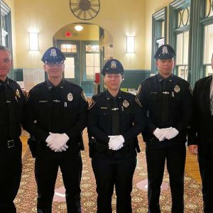 POLICE DEPARTMENT PROMOTIONS: Left to right: Saugus Police Chief Michael Ricciardelli, Saugus Police Officer Andrew Cipriano, Saugus Police Officer Gina Vozzella, Saugus Police Officer Bruno Auzec and Town Manager Scott Crabtree. Cipriano, Vozzella and Auzec were recognized during last week’s promotional ceremony. (Courtesy photo to The Saugus Advocate)