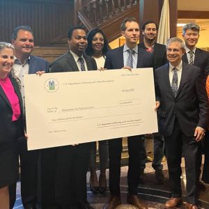 State Senator Sal DiDomenico with HUD officials, MAPC leaders, Congressman Jake Auchincloss, State Rep. Marjorie Decker, Mayor Carlo DeMaria, Cambridge City Manager Yi-An Huang and Cambridge City Councillors Sumbul Siddiqui, Patty Nolan and Jivan Sobrinho-Wheeler. (Photo courtesy of the City of Everett)