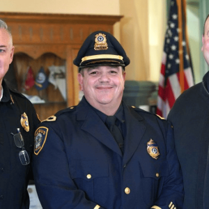 PROMOTED: Recently appointed Saugus Police Lt. Fred Forni (center) is congratulated by Police Chief Michael Ricciardelli (left) and Town Manager Scott C. Crabtree. (Courtesy photo to The Saugus Advocate)