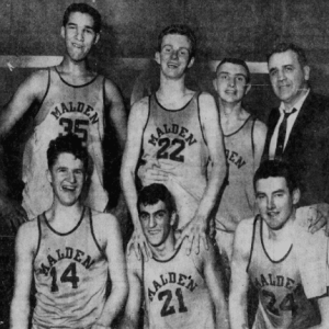 Pictured from left to right: Front row: 1964 MHS Tech Tourney Champs: Dave Barriss, Ira Mahakian and Pat Gillen; standing: Angel Torres, Rod “Puggy” Forbes, Paul “Hawk” Finn, and Coach Arthur Boyle. (Courtesy of Edward Jenner).
