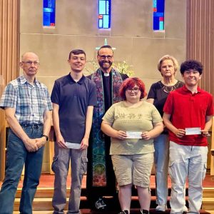 PUMPKIN PATCH SCHOLARSHIP WINNERS 2026: Left to right: Carl Spencer, Connor DeSantis (recipient), Pastor Rev. Bill Ladd, Lily Panico (recipient), Karen Spencer and Mason Ranno (recipient). Please see this week’s “The Sounds of Saugus” for details. (Courtesy photo to The Saugus Advocate)