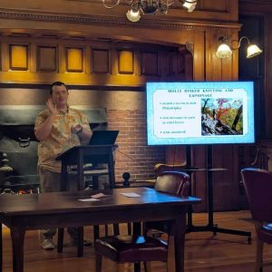 Local history librarian Phillip Wright led a discussion about knitting and espionage at the Malden Public Library on March 4, 2026.